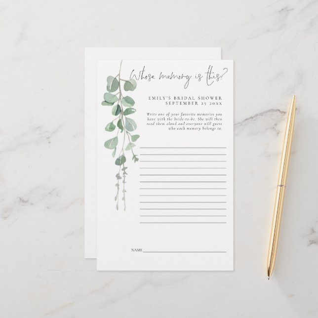 Eucalyptus Bridal Shower Game Whose Memory Is This Stationery (Front/Back In Situ)