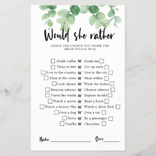 Eucalyptus Bridal Shower Game Would she rather Flyer