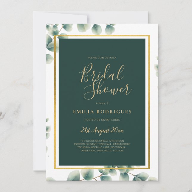 Eucalyptus BRIDAL SHOWER Greenery Gold QR Code Invitation (Front)