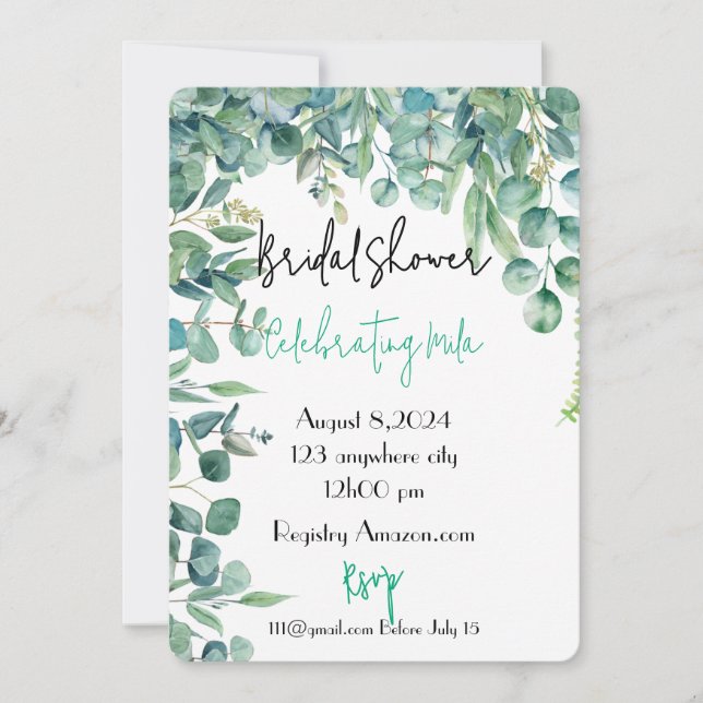 eucalyptus bridal shower invitation (Front)