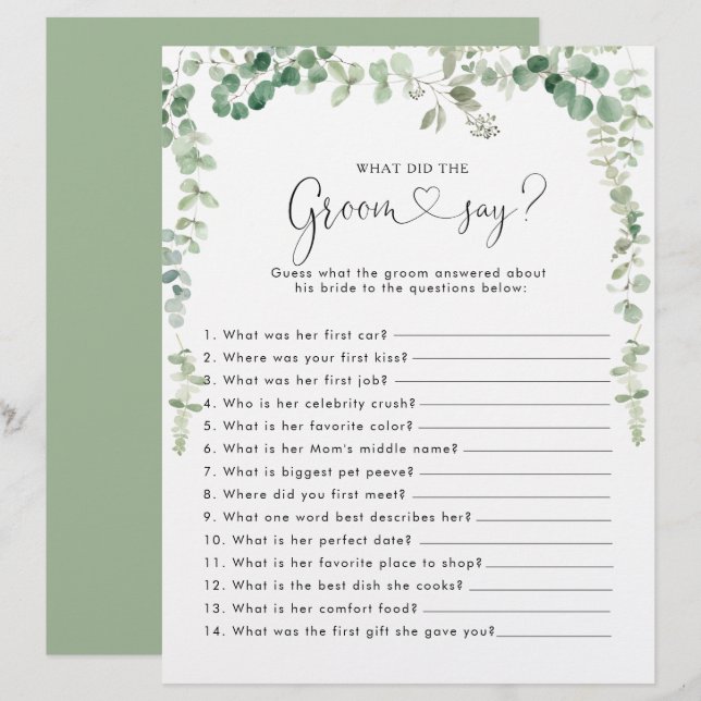 Eucalyptus Bridal Shower What did the Groom Say (Front/Back)