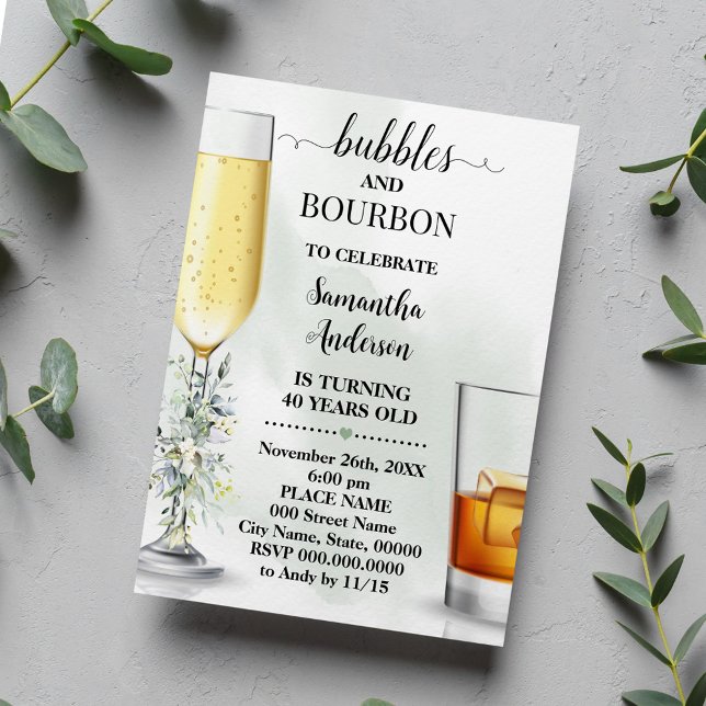 Eucalyptus Bubbles and Bourbon Adults Birthday Invitation (Creator Uploaded)