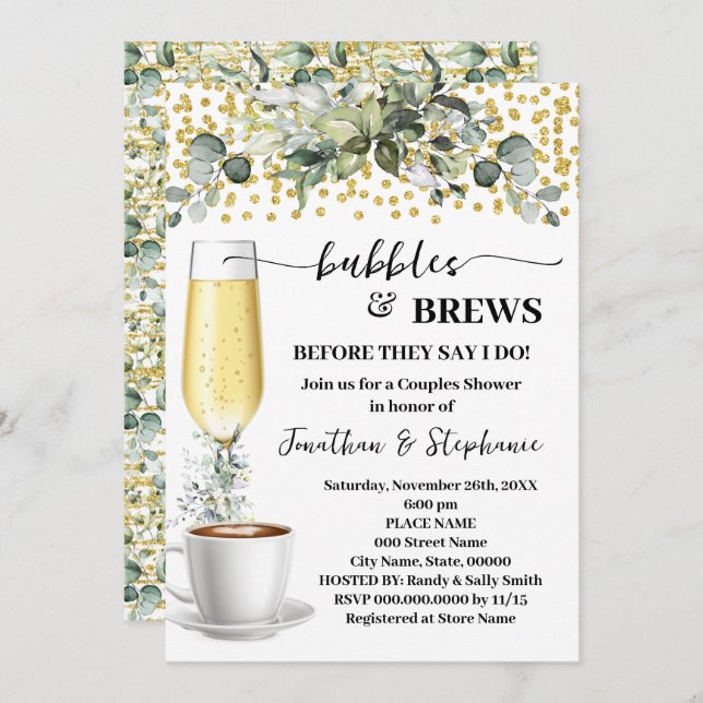 Eucalyptus Bubbles & Brews Coffee Bridal Shower Invitation (Front/Back)