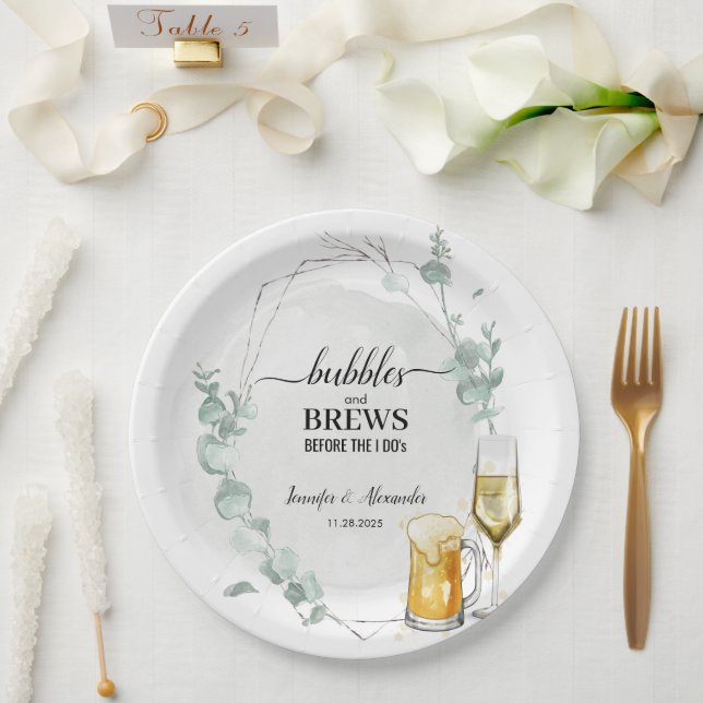 Eucalyptus Bubbles & Brews Paper Plate (Wedding)