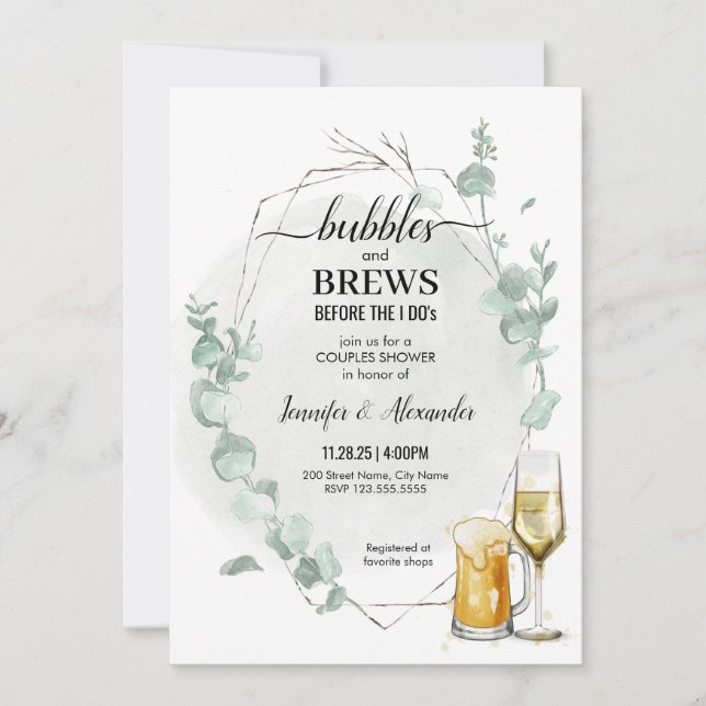 Eucalyptus Bubbles & Brews Shower Invitation (Front)