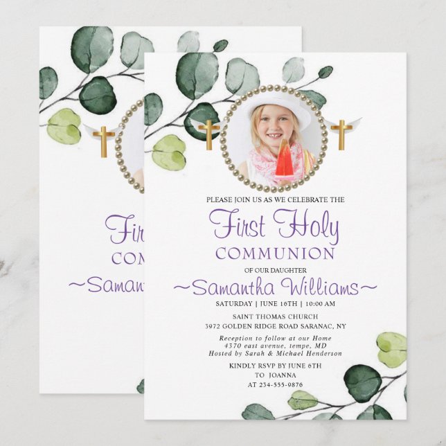 Eucalyptus Budget Photo First Communion Invitation (Front/Back)