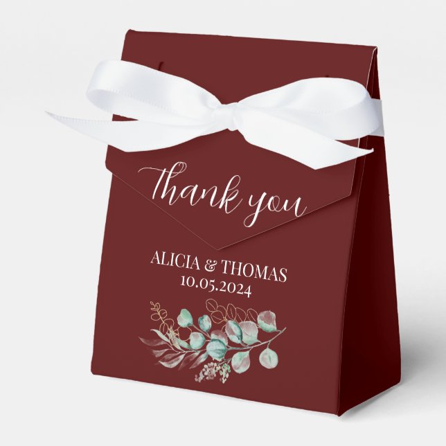 Eucalyptus Burgundy Botanical Initials Wedding  Favor Box (Front Side)