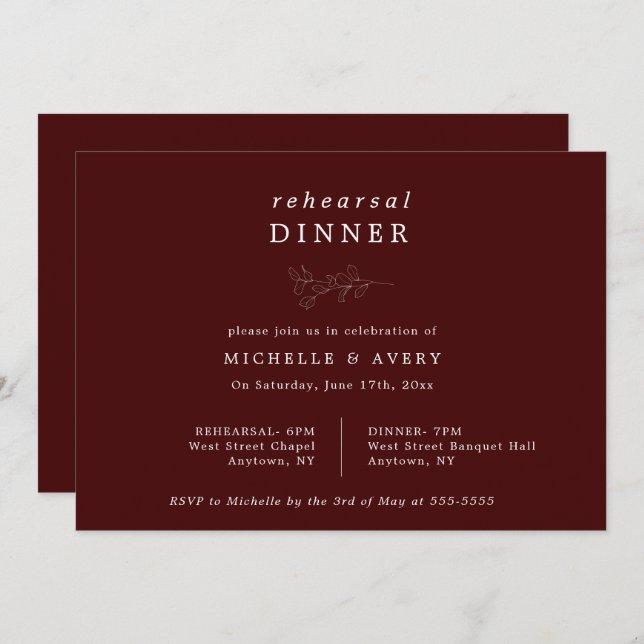 Eucalyptus Burgundy Rehearsal Dinner Invitation (Front/Back)
