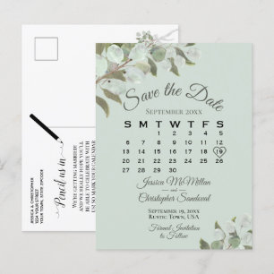Eucalyptus Calendar Mint Wedding Save the Date Announcement Postcard