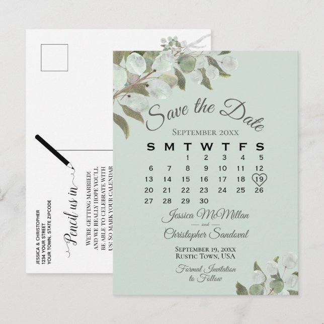 Eucalyptus Calendar Mint Wedding Save the Date Announcement Postcard (Front/Back)