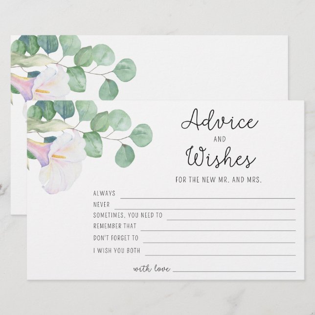 Eucalyptus/calla - advice and wishes bridal shower stationery (Front/Back)