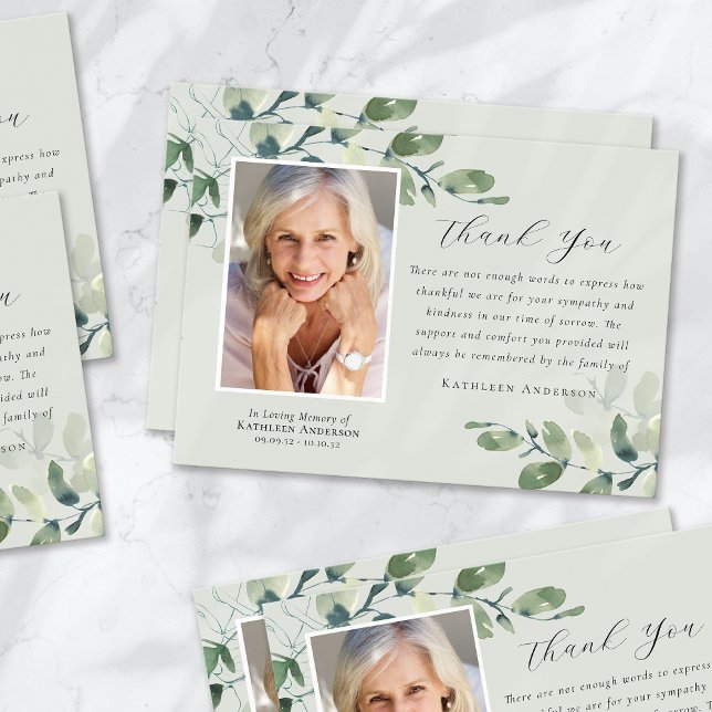 Eucalyptus Calligraphy Photo Funeral Memorial Thank You Card (Creator Uploaded)