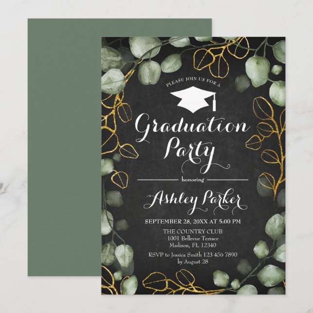 Eucalyptus Chalkboard Wreath Graduation Party Invitation (Front/Back)