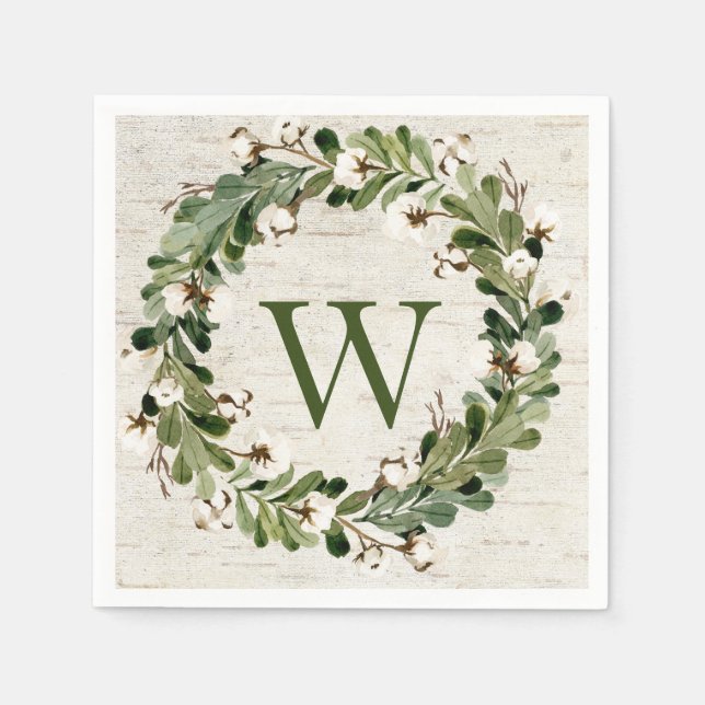 Eucalyptus & Cotton Birch Wreath Monogram Napkin (Front)