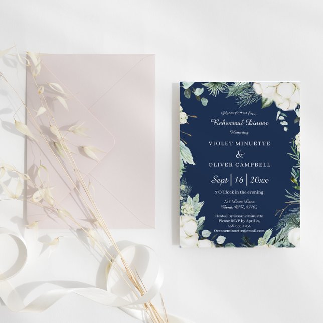 Eucalyptus Cotton | Navy Modern Rehearsal Dinner Invitation (Creator Uploaded)