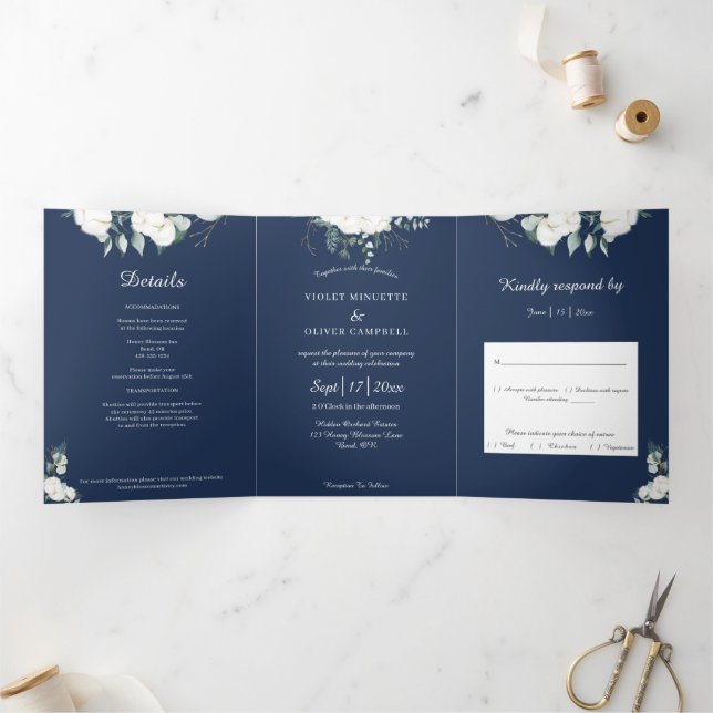 Eucalyptus Cotton | Navy Modern Tri-Fold Invitation (Inside)