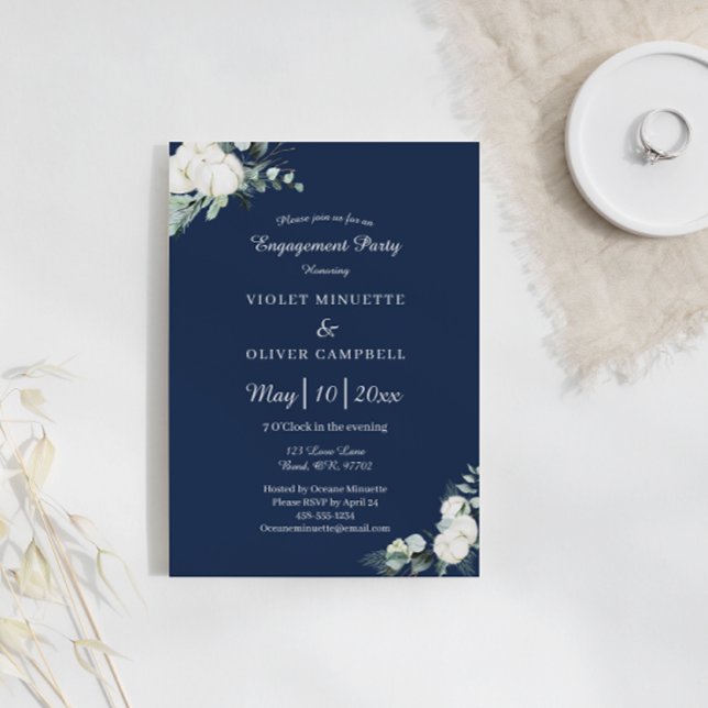 Eucalyptus Cotton Navy Modern v2 Engagement Party Invitation (Creator Uploaded)