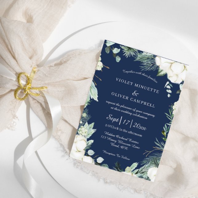 Eucalyptus Cotton | Navy Modern Wedding Invitation (Creator Uploaded)