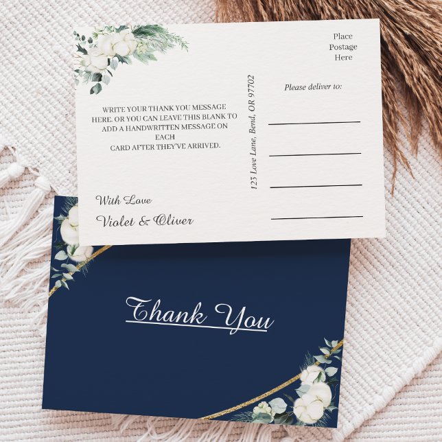  Eucalyptus Cotton | Navy Modern Wedding Thank You Postcard (Creator Uploaded)