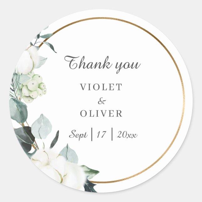 Eucalyptus Cotton | White Modern Thank you Classic Round Sticker (Front)