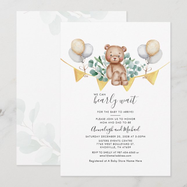 Eucalyptus Couple Baby Shower Bear Greenery Script Invitation (Front/Back)