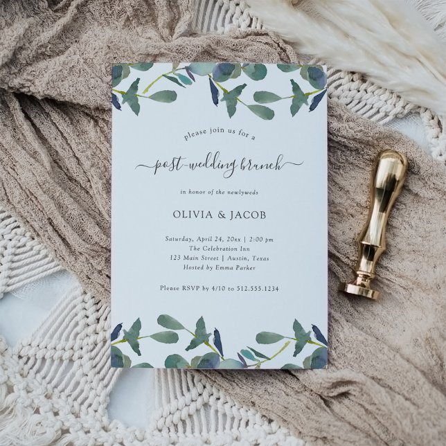 Eucalyptus Crest Green Leaves Post Wedding Brunch Invitation (A eucalyptus wedding invitation for your post-wedding brunch)