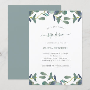 Eucalyptus Crest Green Leaves Sip and See Invitation