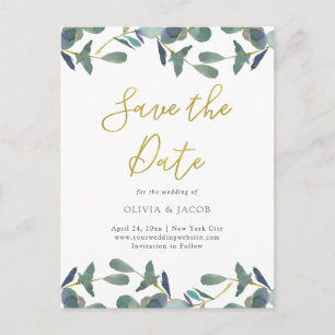 Eucalyptus Crest   Leaves and Gold Save the Date Postcard