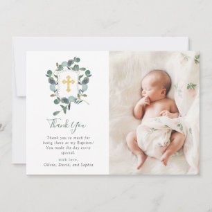 Eucalyptus Crest   Watercolor and Photo Baptism Thank You Card