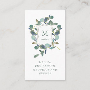 Eucalyptus Crest Watercolor Leaves and Monogram Business Card
