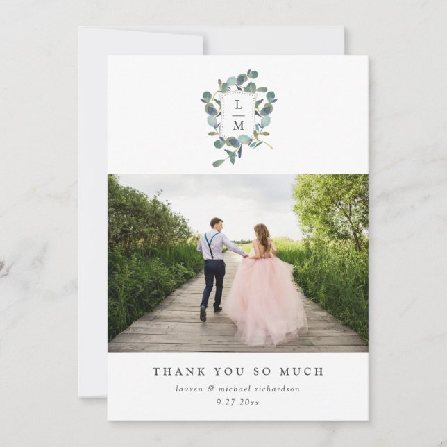 Eucalyptus Crest | Watercolor Wedding Photo Thank You Card (Front)