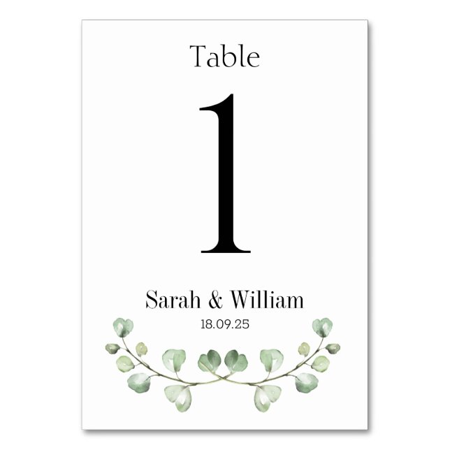 Eucalyptus Crest Wedding Table Number (Front)