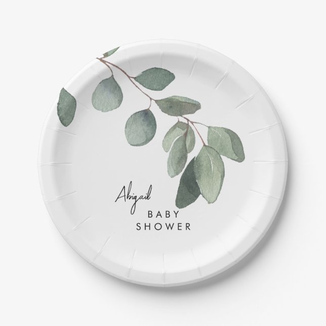 Eucalyptus Custom Name Baby Shower Paper Plate (Front)