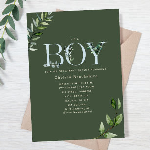 Eucalyptus Dark Green Boy Baby Shower Invitation