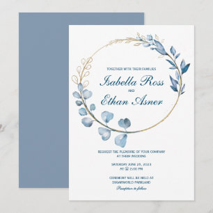 Eucalyptus Dusty Blue and Gold wedding Invitation