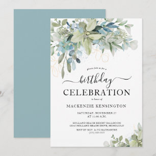 Eucalyptus Dusty Blue Birthday Party Celebration Invitation