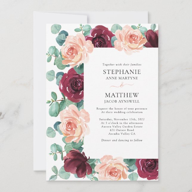 Eucalyptus Dusty Rose Burgundy Botanical Wedding Invitation (Front)