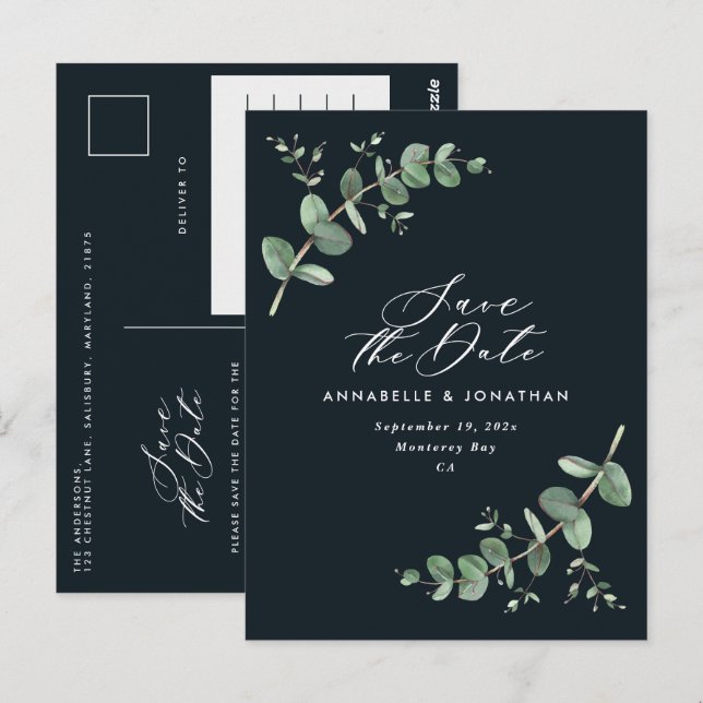 Eucalyptus elegant black wedding save the date postcard (Front/Back)