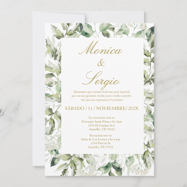 Eucalyptus Elégant mariage Invitation en espagnol (Devant)