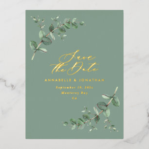 Eucalyptus elegant modern wedding save the date fo foil holiday postcard