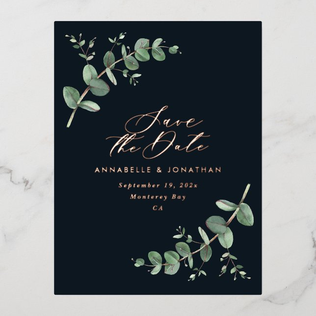 Eucalyptus elegant modern wedding save the date foil holiday postcard (Front)