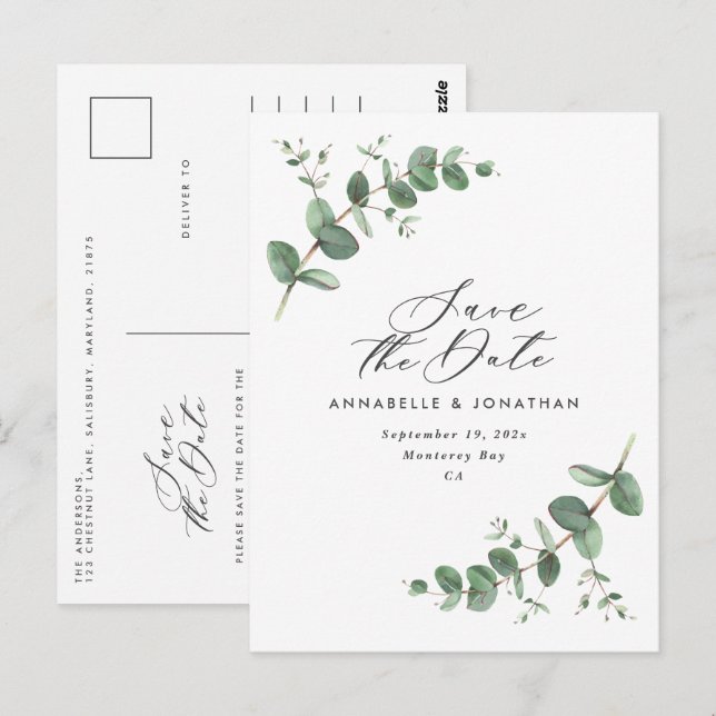 Eucalyptus elegant modern wedding save the date postcard (Front/Back)