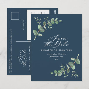 Eucalyptus elegant navy blue wedding save the date postcard