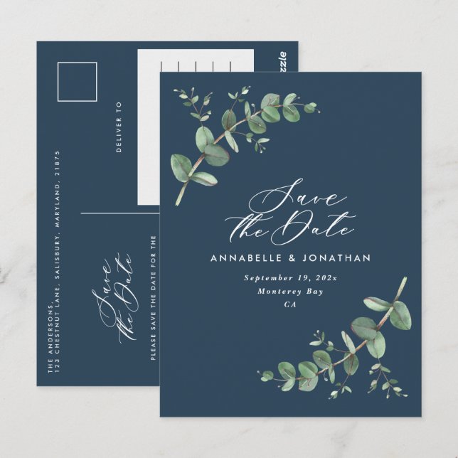 Eucalyptus elegant navy blue wedding save the date postcard (Front/Back)
