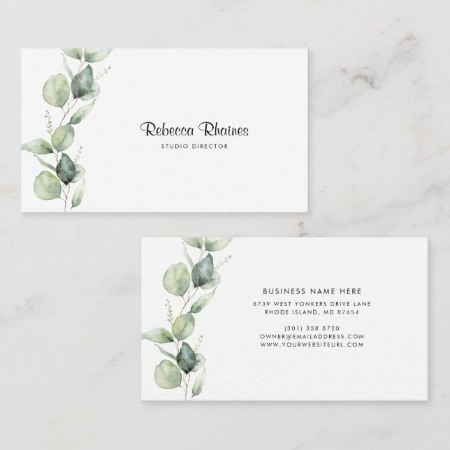 Eucalyptus Elegant Script Greenery Beauty Salon Business Card (Front/Back)