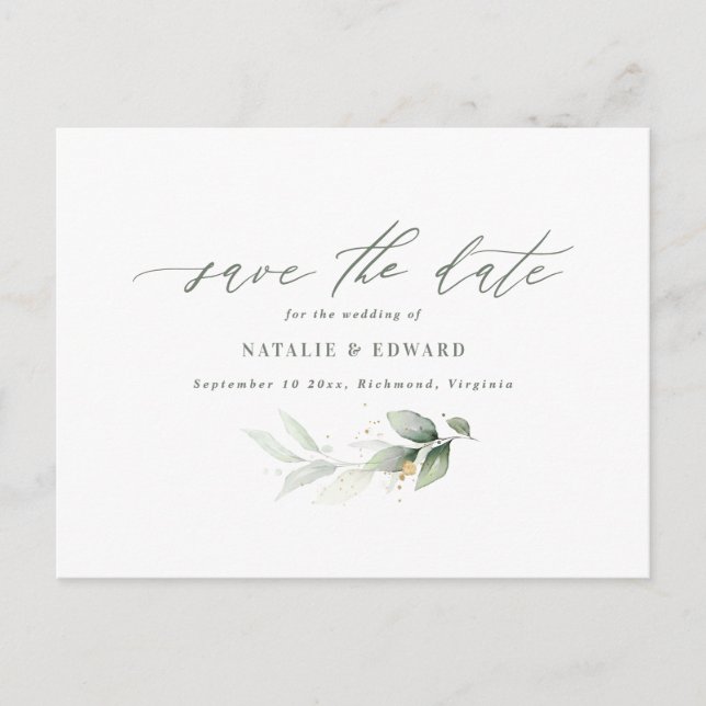 Eucalyptus elegant wedding save the date  announcement postcard (Front)