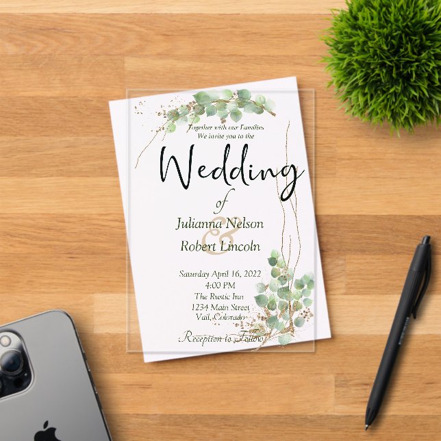 Eucalyptus et faire-part de mariage d'or (Insitu (Carte d'invitation))