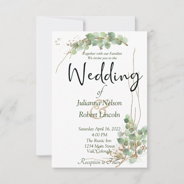 Eucalyptus et faire-part de mariage d'or (Devant)