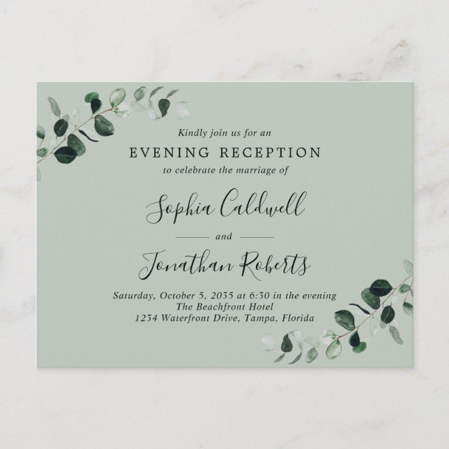 Eucalyptus Evening Wedding Reception Invitation Postcard (Front)