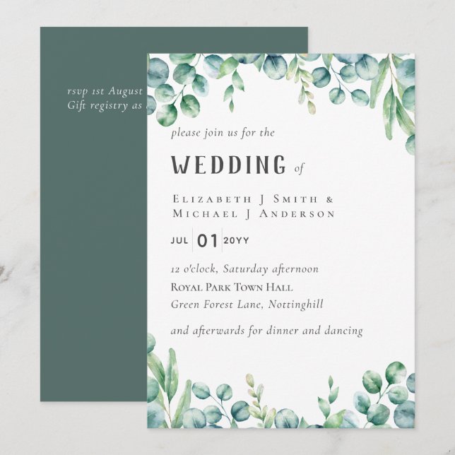 Eucalyptus Faire-part de mariage Budget Vert Feuil (Devant / Derrière)